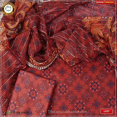 3PC Kamalia Khaddar Ladies Unstitched Printed Lawn Suit LV21 fabric