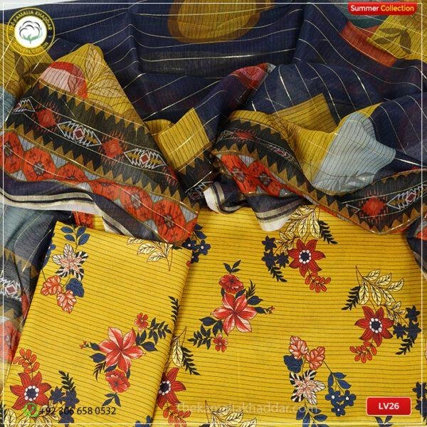 3PC Kamalia Khaddar Ladies Unstitched Printed Lawn Suit | LV26