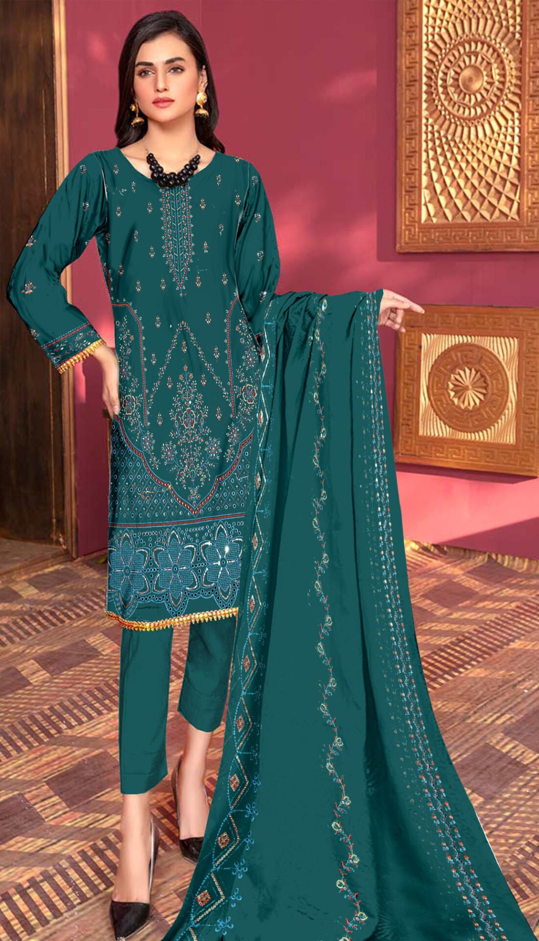 CK-302 A Embroidered Chikankari 3 Piece with Chiffon Dupatta | CK-302 - Image 1