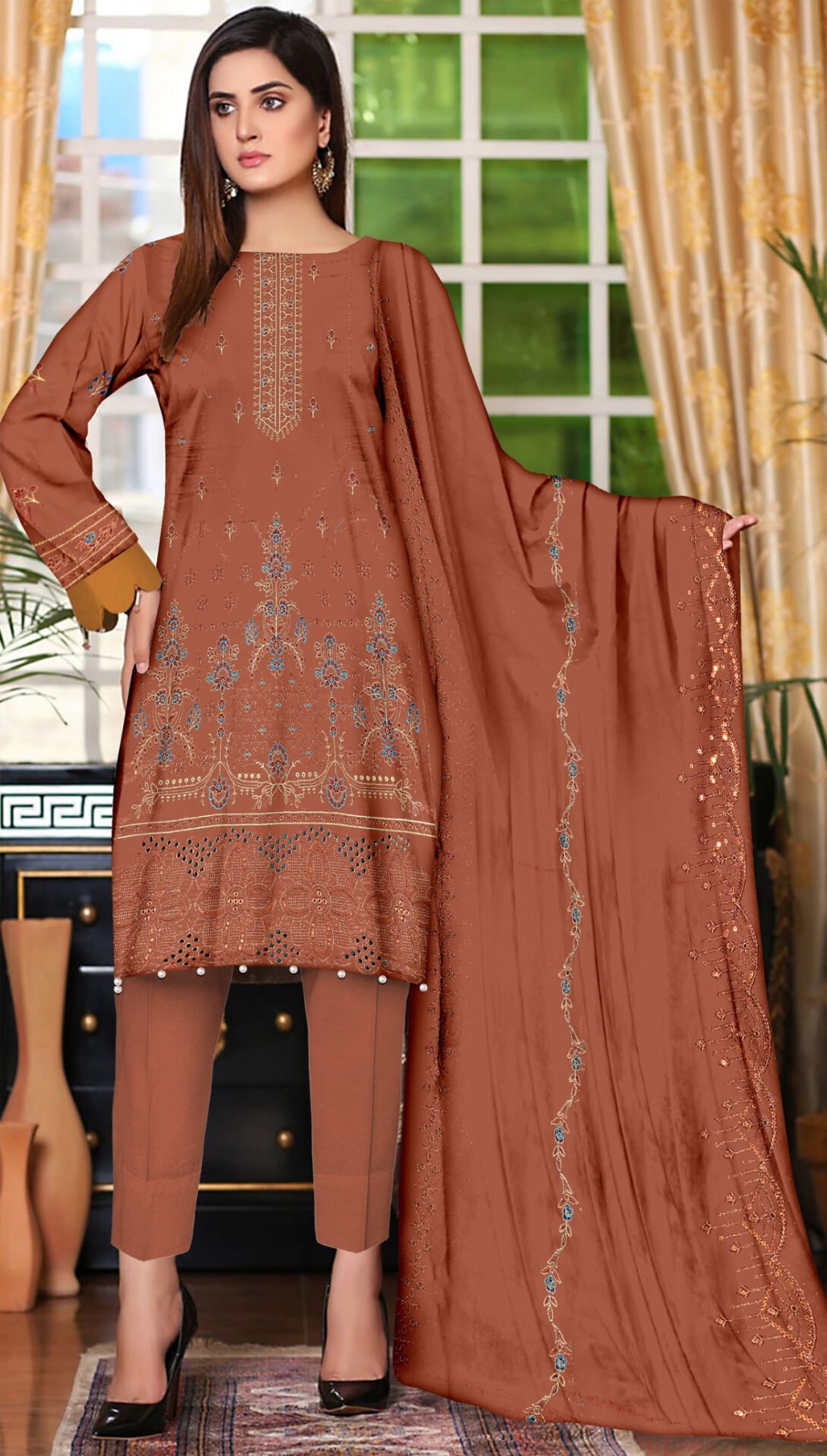 CK-303 A Embroidered Chikankari 3 Piece with Chiffon Dupatta | CK-303 - Image 1