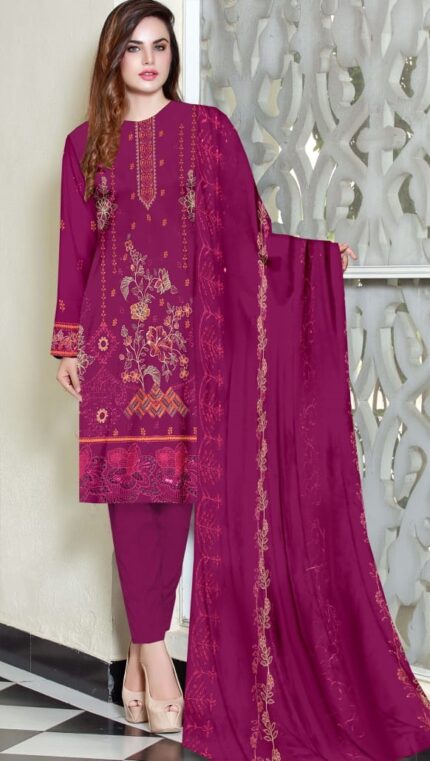 Embroidered Chikankari 3 Piece with Chiffon Dupatta | CK-305