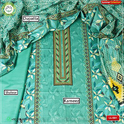 3PC Kamalia Khaddar Ladies Unstitched Printed Lawn Suit LL-501 - product tag