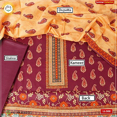 3PC Kamalia Khaddar Ladies Unstitched Printed Lawn Suit LL-508 - product tag