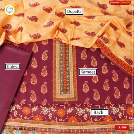 3PC Kamalia Khaddar Ladies Unstitched Printed Lawn Suit | LL-508