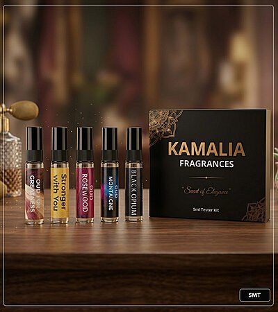 5ml glass perfume tester spray bottles displaying labels for Oud For Greatness, Stronger With You, Oud Rosewood, Oud Montaigne, and Black Opium on a wooden surface against a luxury background.