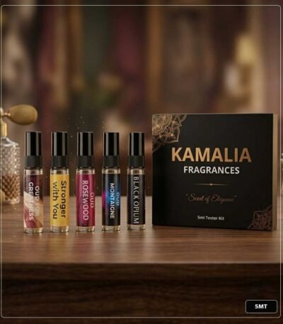 5ml glass perfume tester spray bottles displaying labels for Oud For Greatness, Stronger With You, Oud Rosewood, Oud Montaigne, and Black Opium on a wooden surface against a luxury background.