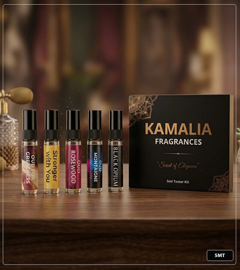 Shipment Tracking 2 5ml glass perfume tester spray bottles displaying labels for Oud For Greatness, Stronger With You, Oud Rosewood, Oud Montaigne, and Black Opium on a wooden surface against a luxury background.