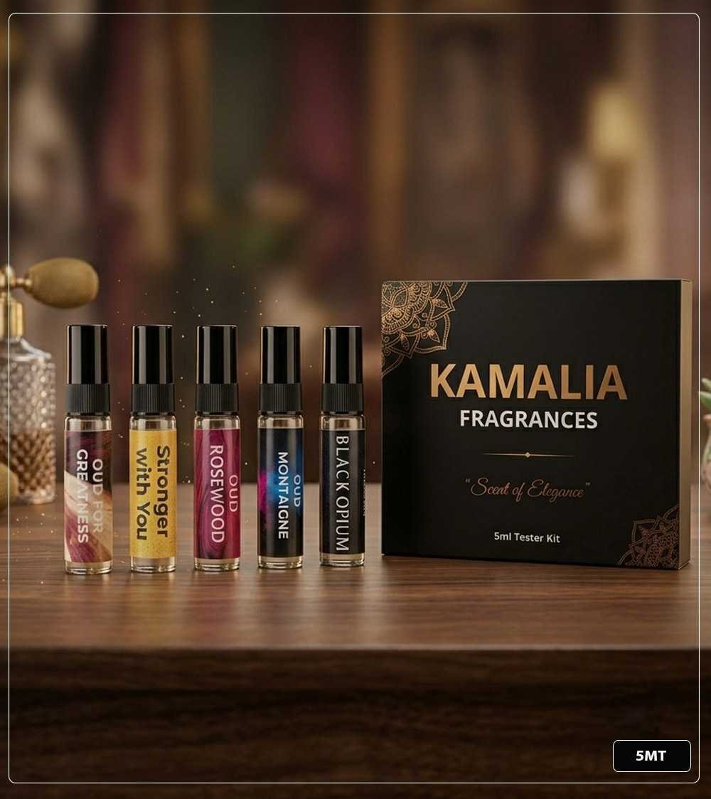 Luxury Perfume Tester Kit (5x5ml) 5ml glass perfume tester spray bottles displaying labels for Oud For Greatness, Stronger With You, Oud Rosewood, Oud Montaigne, and Black Opium on a wooden surface against a luxury background.