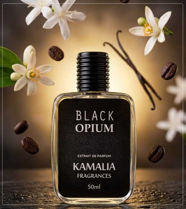 Black Opium perfume bottle impression by Kamalia Fragrances with warm vanilla and coffee scent notes on a minimalist background