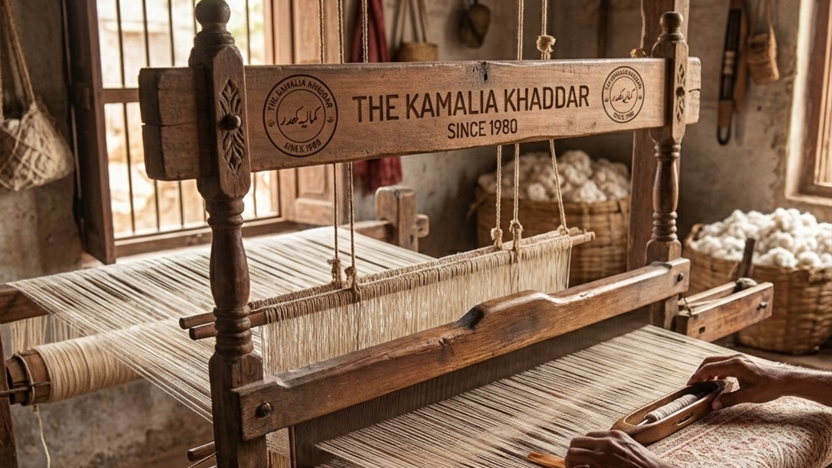 Original Kamalia Khaddar suit in deep burgundy from the winter collection, shown with raw cotton, representing its direct journey from factory to wardrobe since 1980.